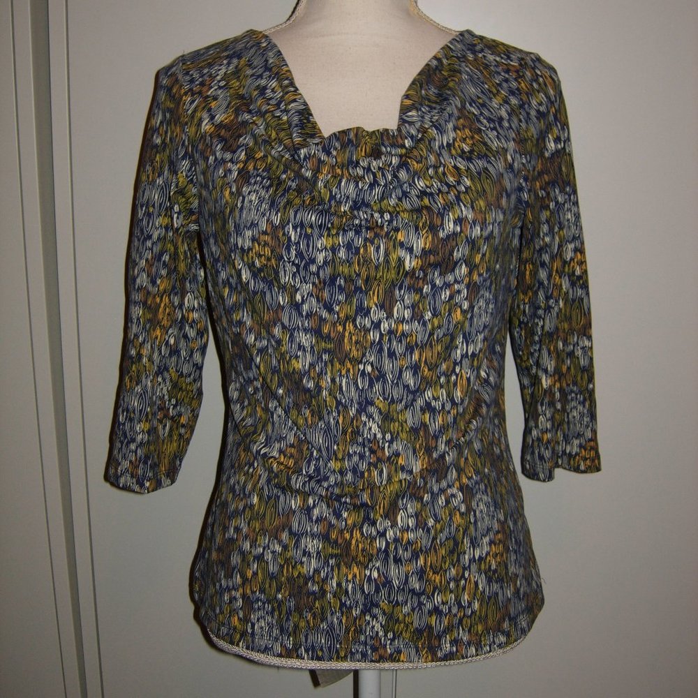 J. McLaughlin Navy, Mustard & White Abstract Print Scoop-Neck Blouse